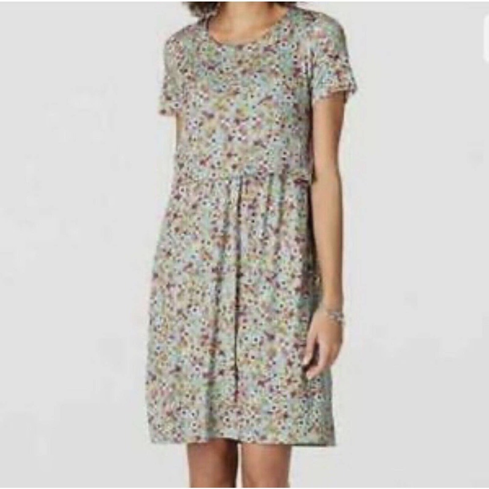J jill Blue Floral Short Sleeve Pockets Size L BluntintSP Attached Over Top. NWT